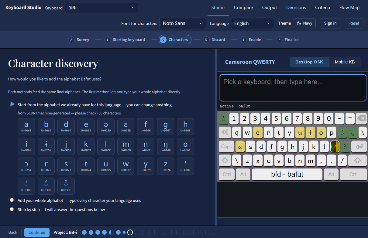 Keyboard Studio's character discovery step for Bafut. On the left, 30 proposed characters from SLDR, each shown with its code point, with options to keep them, type the whole alphabet, or go step by step. On the right, a live on-screen Cameroon QWERTY keyboard with its keys highlighted.